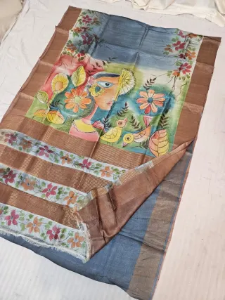 Slate Blue Gachi by Gachi Tussar Silk Saree with Hand Painted Folk Art Woman Portrait & Yellow Birds Pallu