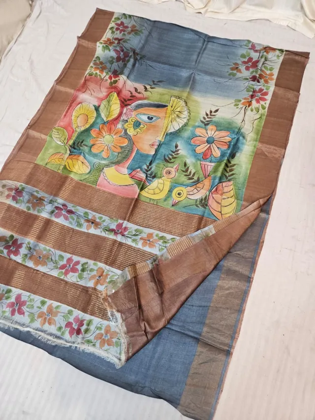 Slate Blue Gachi by Gachi Tussar Silk Saree with Hand Painted Folk Art Woman Portrait & Yellow Birds Pallu