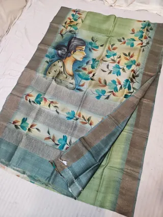 Sage Green Gachi by Gachi Tussar Silk Saree with Hand Painted Indian Woman Portrait & Olive Green Border