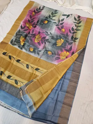 Mustard Yellow Gachi by Gachi Tussar Silk Saree with Hand Painted Rose Pink Watercolor Floral Branch Pallu