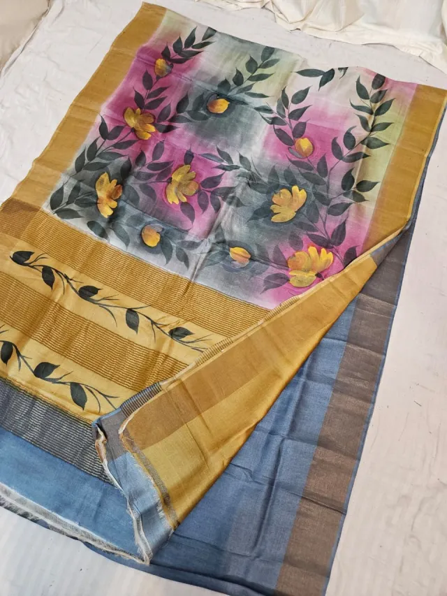 Mustard Yellow Gachi by Gachi Tussar Silk Saree with Hand Painted Rose Pink Watercolor Floral Branch Pallu