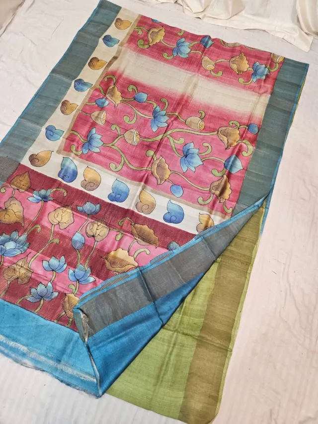 Cream & Rose Pink Gachi by Gachi Tussar Silk Saree with Hand Painted Lotus Garden & Teal Border