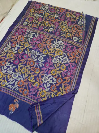 Navy Blue Blended Bangalore Silk Hand Kantha Stitch All-Over Floral Jaal Pallu Saree