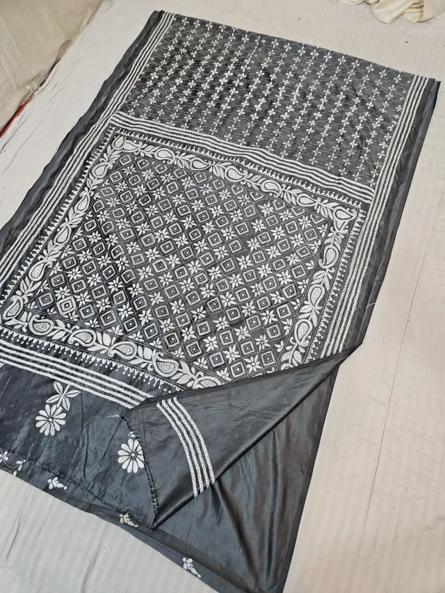 Charcoal Black Blended Bangalore Silk Hand Kantha Stitch Geometric Diamond Medallion and Jaali Pallu Saree