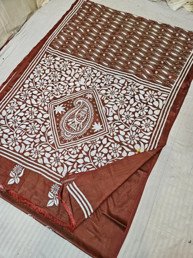 Rust Brown Blended Bangalore Silk Hand Kantha Stitch Paisley Bodhu Kalka and Floral Jaal Pallu Saree