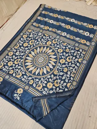 Firoza Blue Blended Bangalore Silk Hand Kantha Stitch Sunburst Mandala and Floral Jaal Pallu Saree