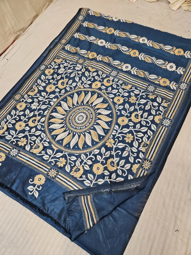 Firoza Blue Blended Bangalore Silk Hand Kantha Stitch Sunburst Mandala and Floral Jaal Pallu Saree