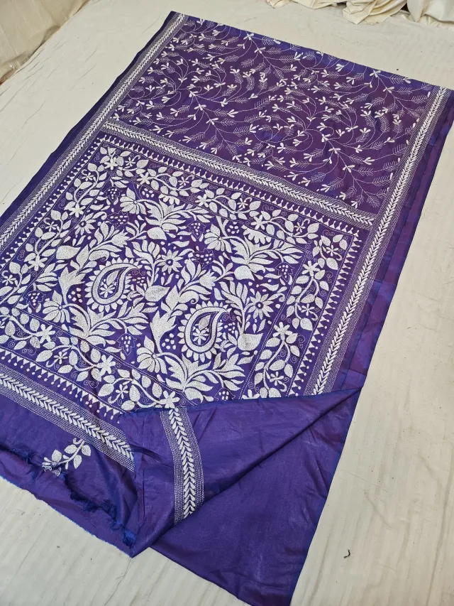 Blue Dual Tone Blended Bangalore Silk Hand Kantha Stitch Paisley Kalka and Floral Jaal Pallu Saree