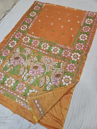Mustard Yellow Blended Bangalore Silk Hand Kantha Stitch Blooming Lotus and Floral Rosette Pallu Saree