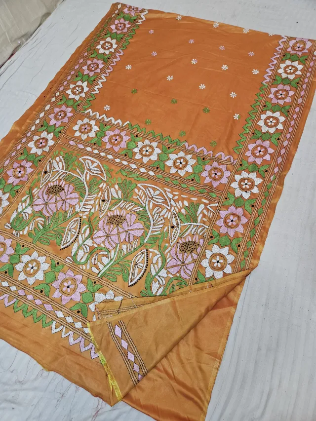 Mustard Yellow Blended Bangalore Silk Hand Kantha Stitch Blooming Lotus and Floral Rosette Pallu Saree