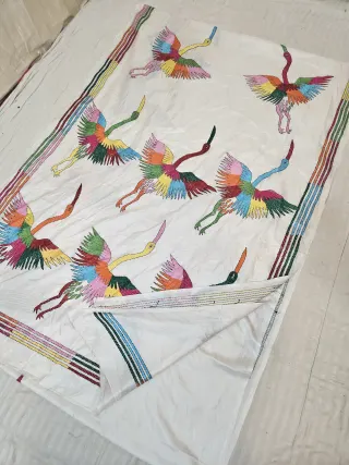 Ivory White Blended Bangalore Silk Hand Kantha Stitch Flying Crane Birds Pallu Saree