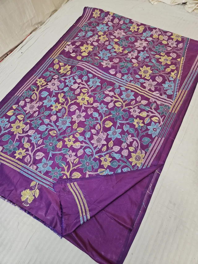 Royal Purple Blended Bangalore Silk Hand Kantha Stitch All-Over Floral Jaal Pallu Saree