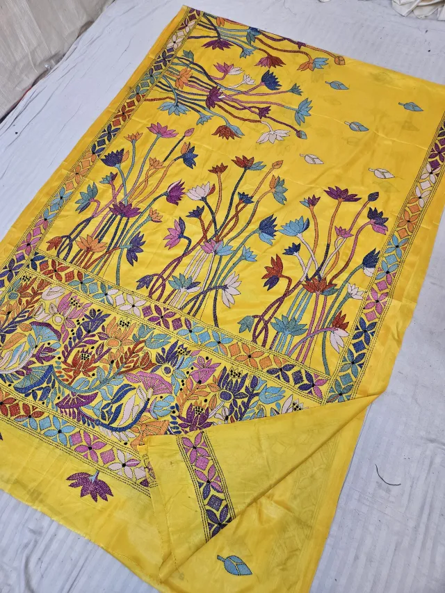 Mustard Yellow Blended Bangalore Silk Hand Kantha Stitch Lotus Pond and Floral Jaal Pallu Saree