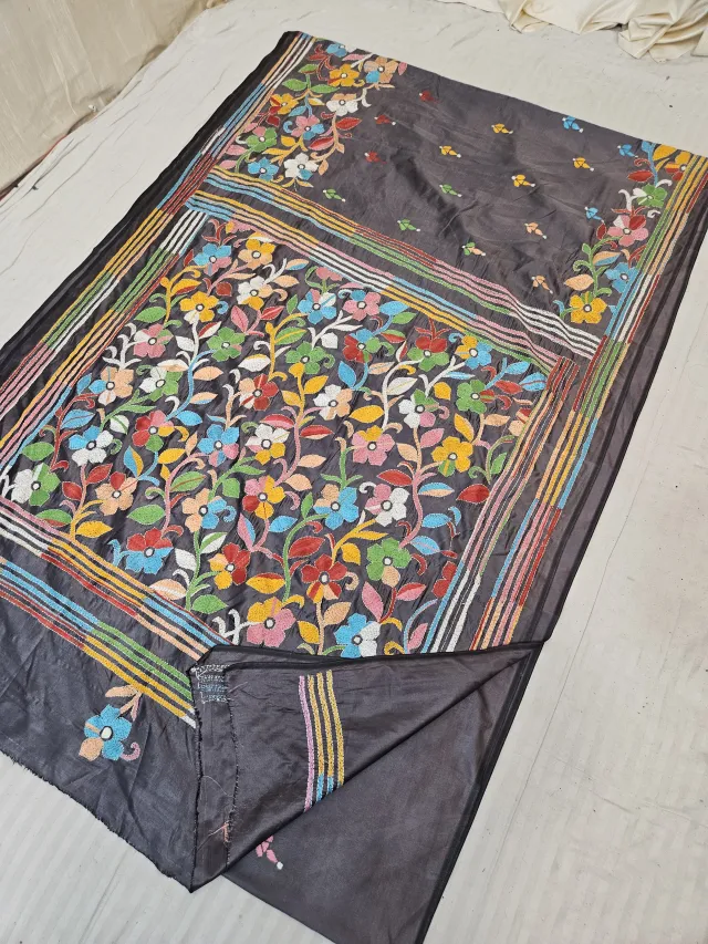 Chocolate Brown Blended Bangalore Silk Hand Kantha Stitch Multi-Colour Floral Garden Jaal Pallu Saree