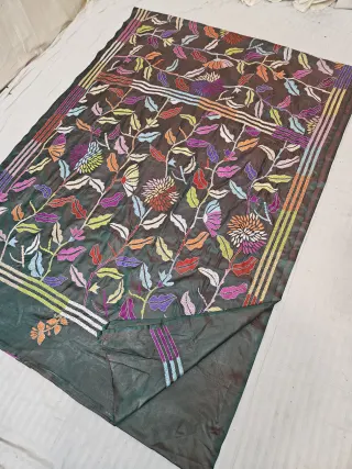 Bottle Green Dual Tone Blended Bangalore Silk Hand Kantha Stitch Multi-Colour Chrysanthemum Floral Jaal Pallu