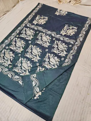 Bottle Green Blended Bangalore Silk Hand Kantha Stitch Perched Songbird and Foliage Pallu Saree