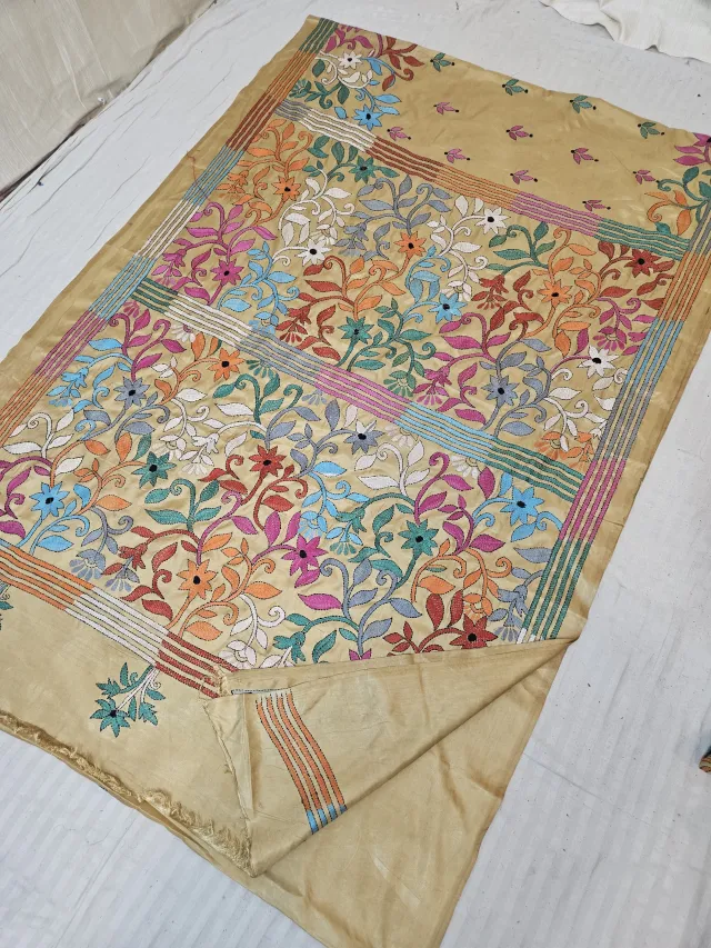 Beige Blended Bangalore Silk Hand Kantha Stitch Multi-Colour Floral Garden Jaal Pallu Saree