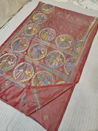 Coral Red Blended Bangalore Silk Hand Kantha Stitch Peacock Medallion Chakra Pallu Saree