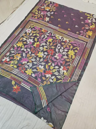 Dark Green Dual Tone Blended Bangalore Silk Hand Kantha Stitch Multi-Colour Floral Garden Jaal Pallu Saree
