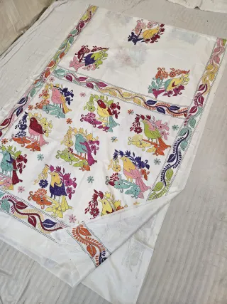 Ivory White Blended Bangalore Silk Hand Kantha Stitch Multi-Colour Perched Songbirds Pallu Saree