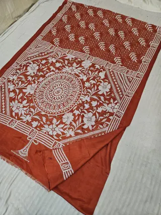 Rust Blended Bangalore Silk Hand Kantha Stitch Sunburst Mandala and Floral Jaal Pallu Saree