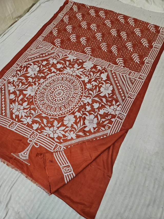 Rust Blended Bangalore Silk Hand Kantha Stitch Sunburst Mandala and Floral Jaal Pallu Saree