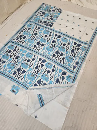Ivory White Blended Bangalore Silk Hand Kantha Stitch Turquoise Blue Lotus Pond Pallu Saree