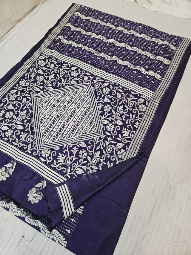 Royal Purple Blended Bangalore Silk Hand Kantha Stitch Geometric Diamond Medallion and Floral Jaal Pallu Saree