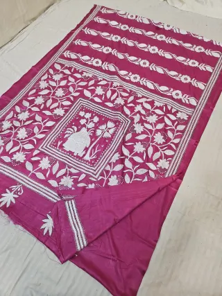 Rani Pink Blended Bangalore Silk Hand Kantha Stitch Royal Elephant and Floral Jaal Pallu Saree
