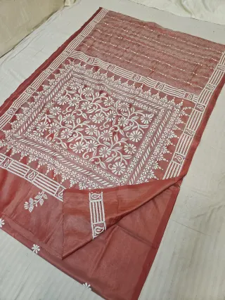 Peach Blended Bangalore Silk Hand Kantha Stitch Floral Garden Jaal and Paisley Kalka Pallu Saree