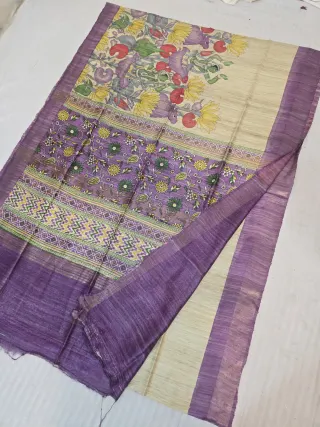 Natural Beige and Royal Purple Pure Ghicha Tussar Hand Block Print Saree