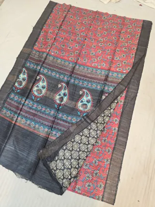 Crimson Red and Charcoal Black Pure Ghicha Tussar Hand Block Print Paisley Kalka Pallu Saree