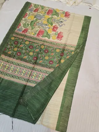 Natural Beige and Olive Green Pure Ghicha Tussar Hand Block Print Saree