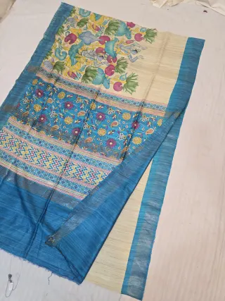 Natural Beige and Olive Green Pure Ghicha Tussar Hand Block Print Saree
