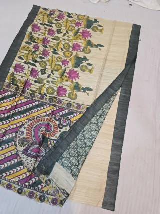 Natural Beige and Bottle Green Pure Ghicha Tussar Hand Block Print Dancing Peacock Pallu Saree