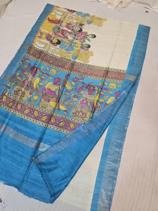 Natural Beige and Turquoise Blue Pure Ghicha Tussar Hand Block Print Dancing Figures Pallu Saree