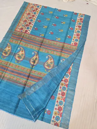 Turquoise Blue Pure Ghicha Tussar Hand Block Print Paisley Kalka Pallu Saree