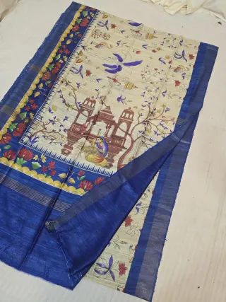 Natural Beige and Royal Blue Pure Ghicha Tussar Hand Block Print Heritage Pavilion Pallu Saree