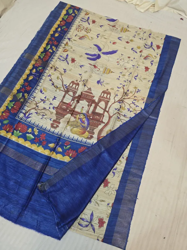 Natural Beige and Royal Blue Pure Ghicha Tussar Hand Block Print Heritage Pavilion Pallu Saree