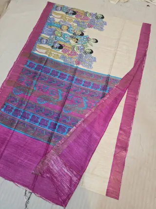 Natural Beige and Magenta Pink Pure Ghicha Tussar Hand Block Print Peacock Motif Pallu Saree
