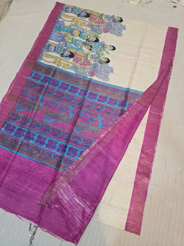 Natural Beige and Magenta Pink Pure Ghicha Tussar Hand Block Print Peacock Motif Pallu Saree