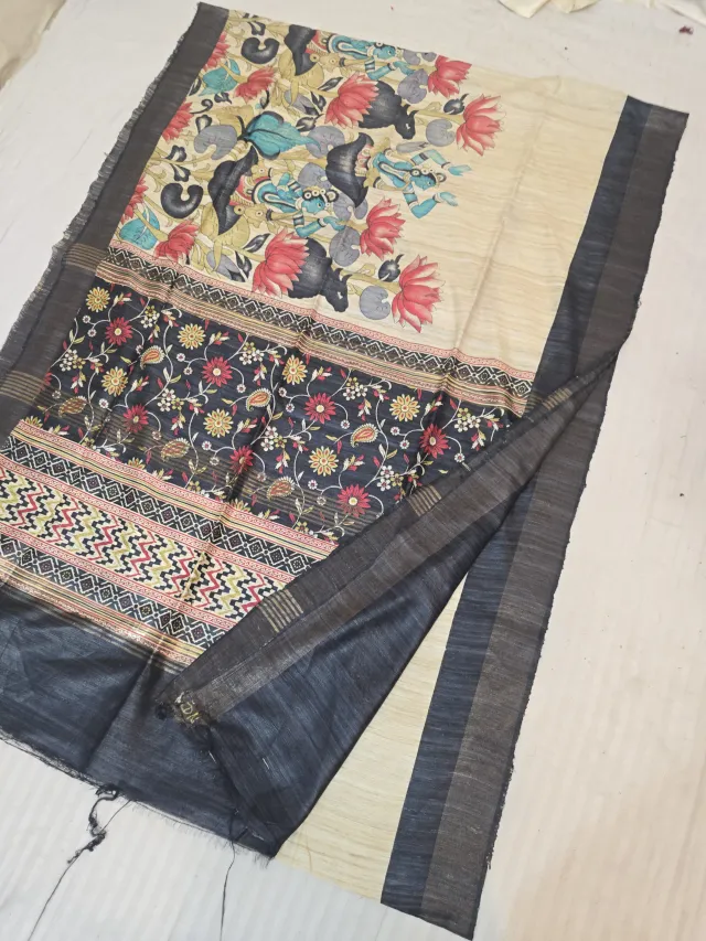 Natural Beige and Charcoal Black Pure Ghicha Tussar Hand Block Print Saree