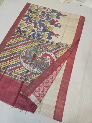 Natural Beige and Maroon Red Pure Ghicha Tussar Hand Block Print Dancing Peacock Pallu Saree
