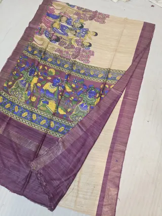 Natural Beige and Royal Purple Pure Ghicha Tussar Hand Block Print Dancing Figures Pallu Saree