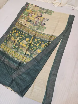 Natural Beige and Bottle Green Pure Ghicha Tussar Hand Block Print Dancing Figures Pallu Saree