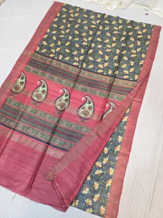 Charcoal Grey and Crimson Red Pure Ghicha Tussar Hand Block Print Paisley Kalka Pallu Saree