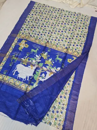 Natural Beige and Royal Blue Pure Ghicha Tussar Hand Block Print Sacred Cow and Floral Jaal Pallu Saree