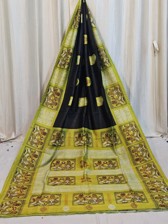 Premium Charcoal Black with Yellow Jamini Roy Print Silk Saree