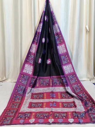 Premium Charcoal Black with Rani Pink Jamini Roy Print Silk Saree