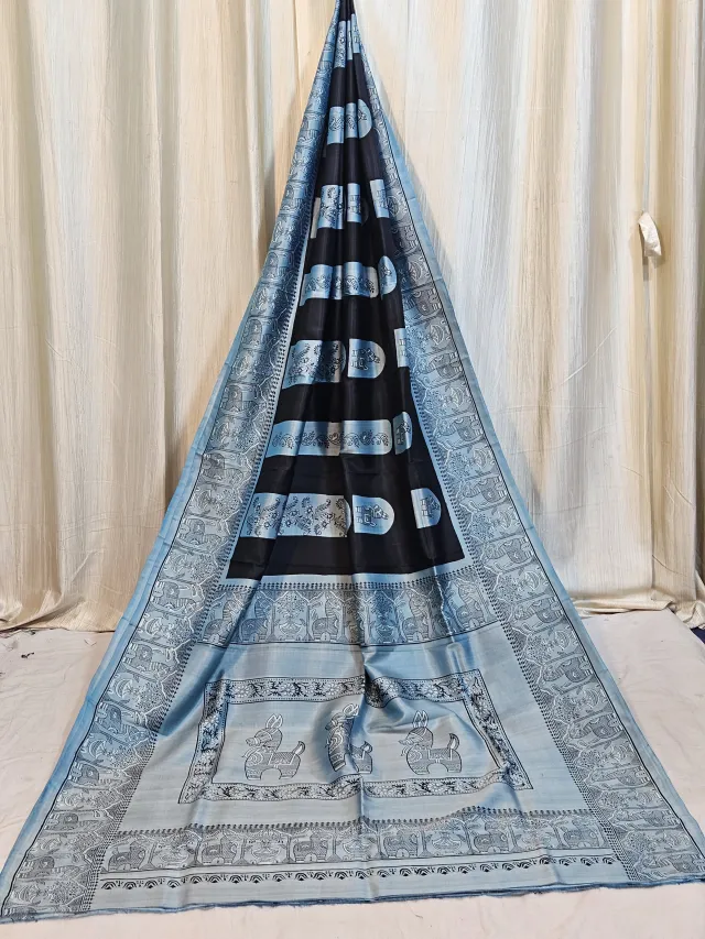 Premium Charcoal Black with Sky Blue Jamini Roy Print Silk Saree